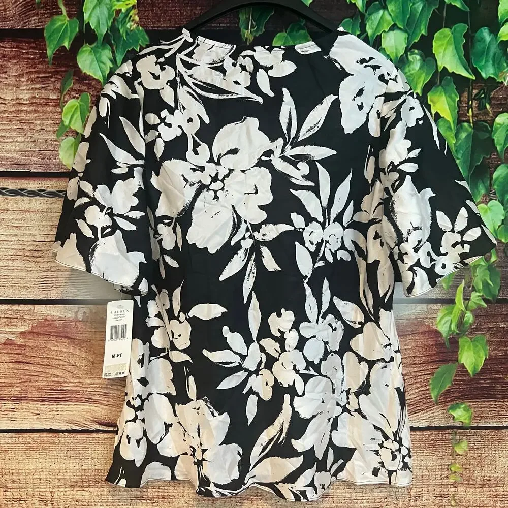 Lauren Ralph Lauren Silk Blouse Medium Petite Floral Black White Flutter Sleeves